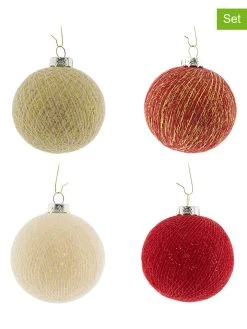 Cotton Ball Lights 12er-Set: Weihnachtskugeln In Rot/ Creme/ Gold - Ø 6,5 Cm