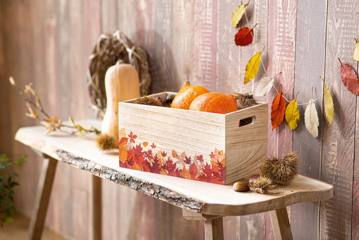 HomeLiving Spar-Set 2x Holzkiste "Herbstblätter", 30 X 20 X 16 Cm In Bunt – Bild 2