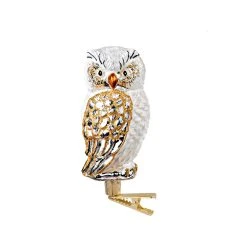Käthes Original Baumschmuck Glas Eule Weiß-gold Mit Clip In Goldfarben