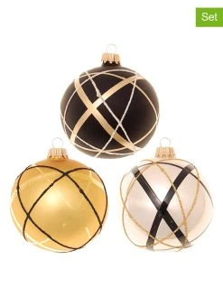 Krebs Glas Lauscha Christbaumkugeln "Art Deco" In Creme/ Gold/ Schwarz - 3 Stück - Ø 8 Cm