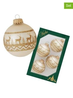 Krebs Glas Lauscha Christbaumkugeln In Champagner/ Gold - 4 Stück - Ø 7 Cm