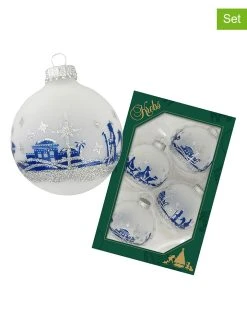 Krebs Glas Lauscha Christbaumkugeln In Weiß/ Silber/ Blau - 4 Stück - Ø 7 Cm