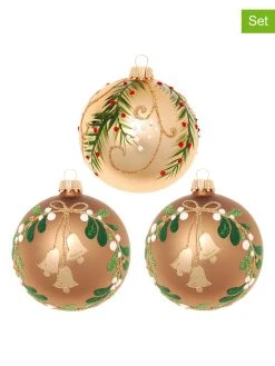 Krebs Glas Lauscha Christbaumkugeln "Weihnachtsland" In Cappuccino - 3 Stück - Ø 8 Cm