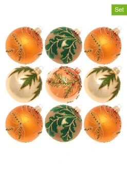 Krebs Glas Lauscha Christbaumkugeln "Weihnachtsland" In Orange/ Gold/ Grün - 9 Stück - Ø 8 Cm