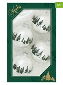 Krebs Glas Lauscha Christbaumkugeln "Winterwald Und Hasen" In Weiß/ Grün - 4 Stück - Ø 7 Cm