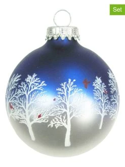 Krebs Glas Lauscha Christbaumkugeln "Winterwald Und Kardinal" In Silber/ Blau - 4 Stück - Ø 7 Cm