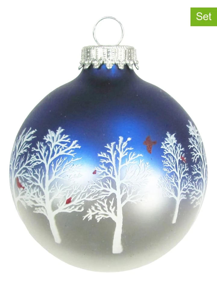 Krebs Glas Lauscha Christbaumkugeln "Winterwald Und Kardinal" In Silber/ Blau - 4 Stück - Ø 7 Cm