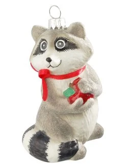 Krebs Glas Lauscha Christbaumornament "Waschbär Mit Apfel" In Grau - (L)9 Cm