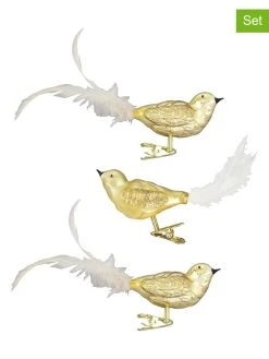 Krebs Glas Lauscha Christbaumornamente "Glasvögel" In Gold/ Weiß - 3 Stück
