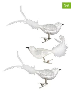 Krebs Glas Lauscha Christbaumornamente "Glasvögel" In Weiß/ Silber - 3 Stück
