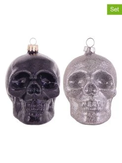Krebs Glas Lauscha Christbaumornamente "Totenkopfform" In Schwarz/ Silber - 2 Stück