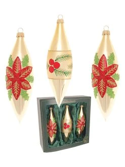 Krebs Glas Lauscha Christbaumornamente "Weihnachtsstern & Beeren" In Gold/ Rot - 3 Stück