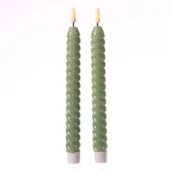 MARELIDA 2er Set LED Stabkerzen TWIST Tafelkerzen Echtwachs H: 25cm In Grün