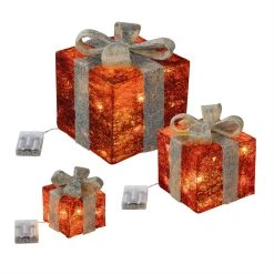 MARELIDA 3er Set LED Geschenkboxen Timer Für Innen Batteriebetrieb In Rot, Silber