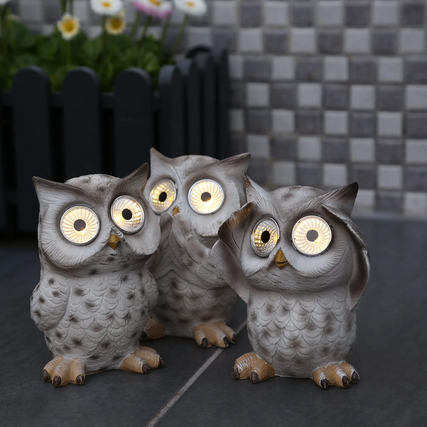 MARELIDA 3er Set LED Solar Gartenfiguren Eulen In Grau - H: 12,5cm – Bild 3