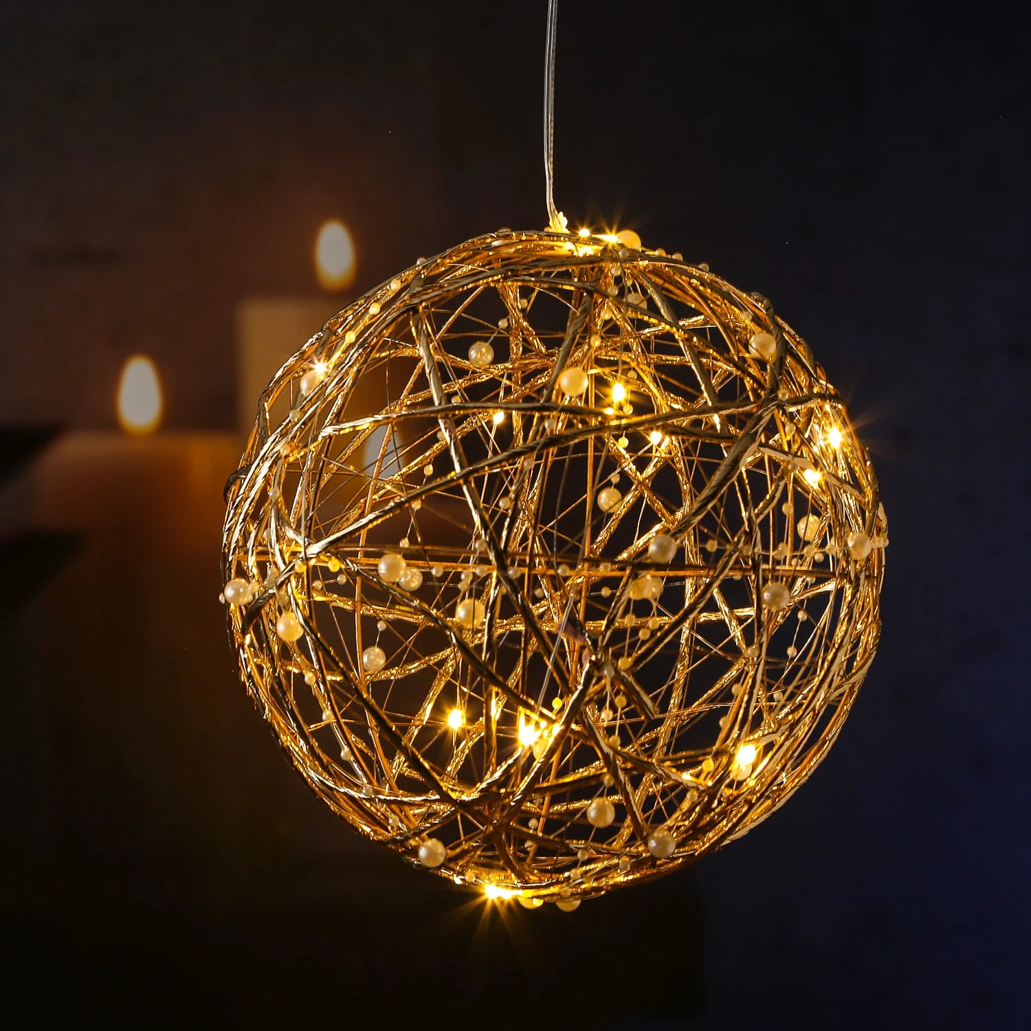 MARELIDA LED Drahtkugel TRASSEL Mit Perlen Leuchtkugel D: 20cm In Gold – Bild 3