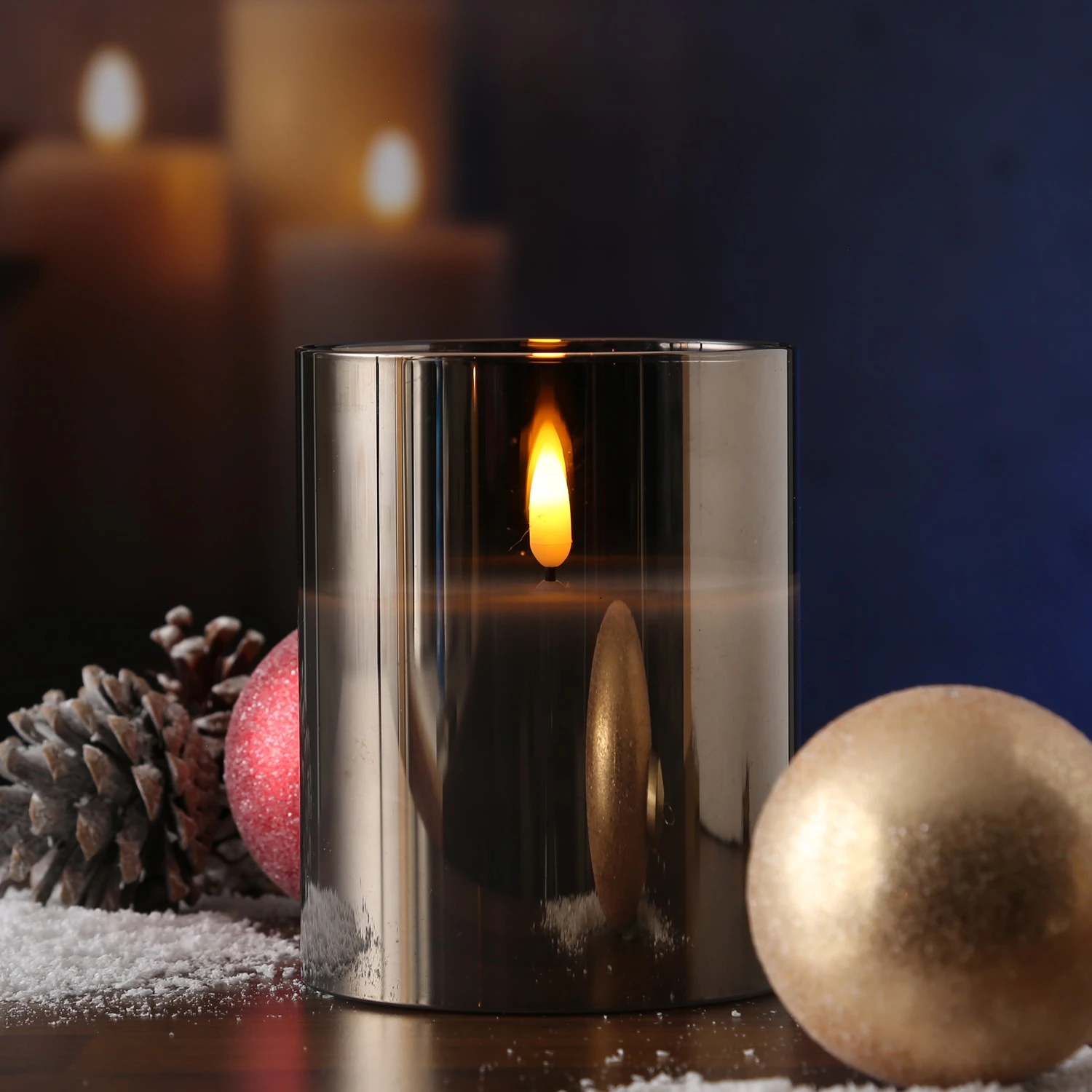 MARELIDA LED Kerze Im Glas Windlicht Flackernd D: 10cm H: 12,5cm In Grau – Bild 2