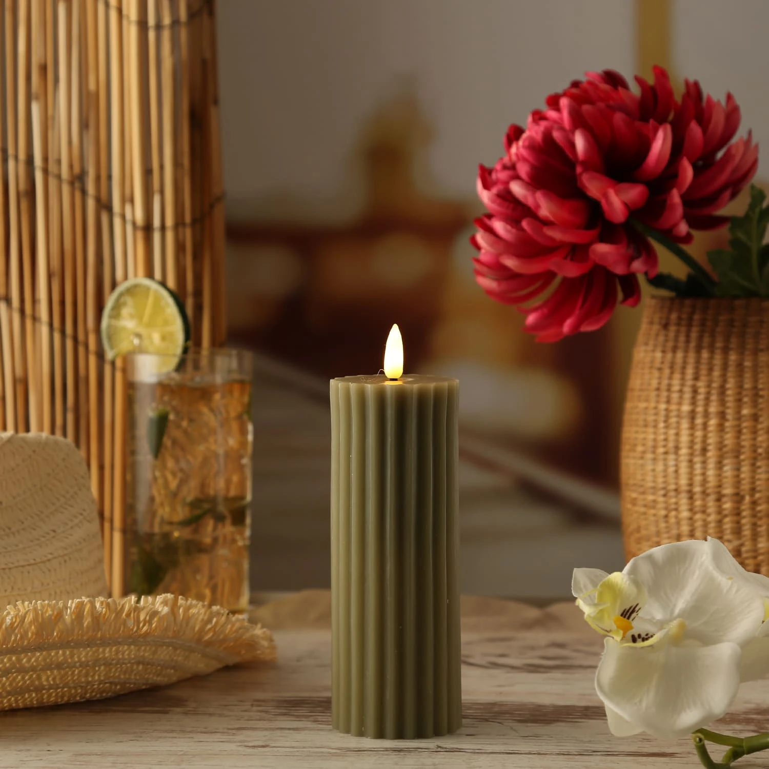 MARELIDA LED Kerze LIV Gerillt Echtwachs Flackernd H: 17,5cm In Grün – Bild 2