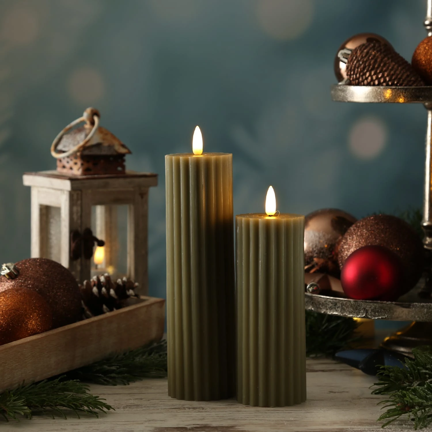 MARELIDA LED Kerze LIV Gerillt Echtwachs Flackernd H: 17,5cm In Grün – Bild 5