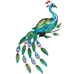 MARELIDA LED Solar Wanddekoration Pfau In Blau - H: 92cm