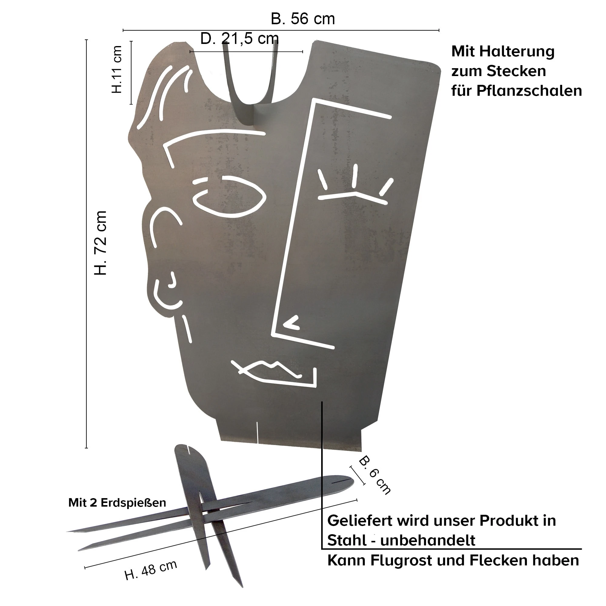 UNUS Gartenstecker Abstraktes Gesicht Mann Mit Pflanzschalenhalter In Silber – Bild 2