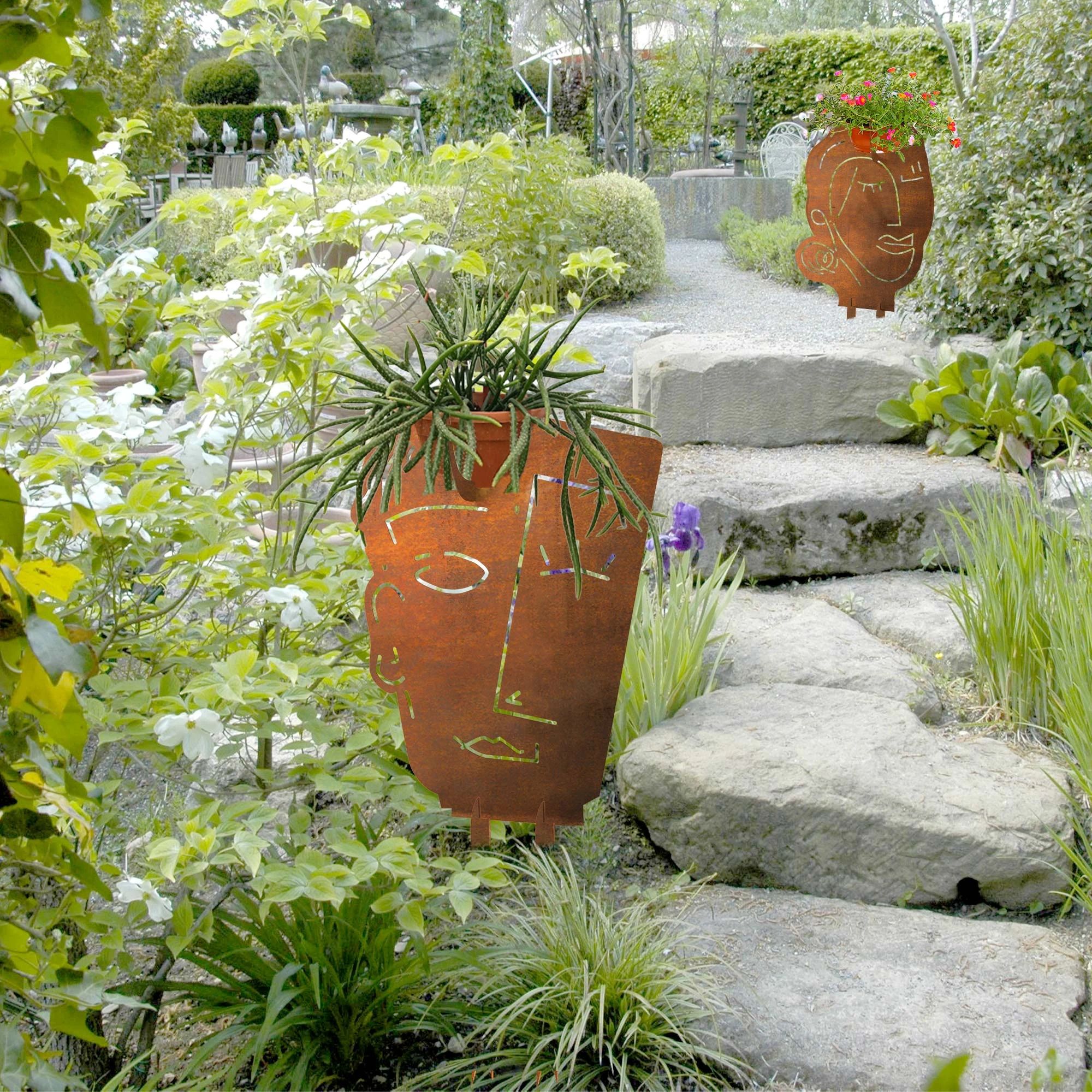 UNUS Gartenstecker Abstraktes Gesicht Mann Mit Pflanzschalenhalter In Silber – Bild 7
