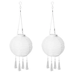 AMARE LED Lampion 2er-Set Solar Quaste Lampenkette SOLARBETRIEBEN In Weiß