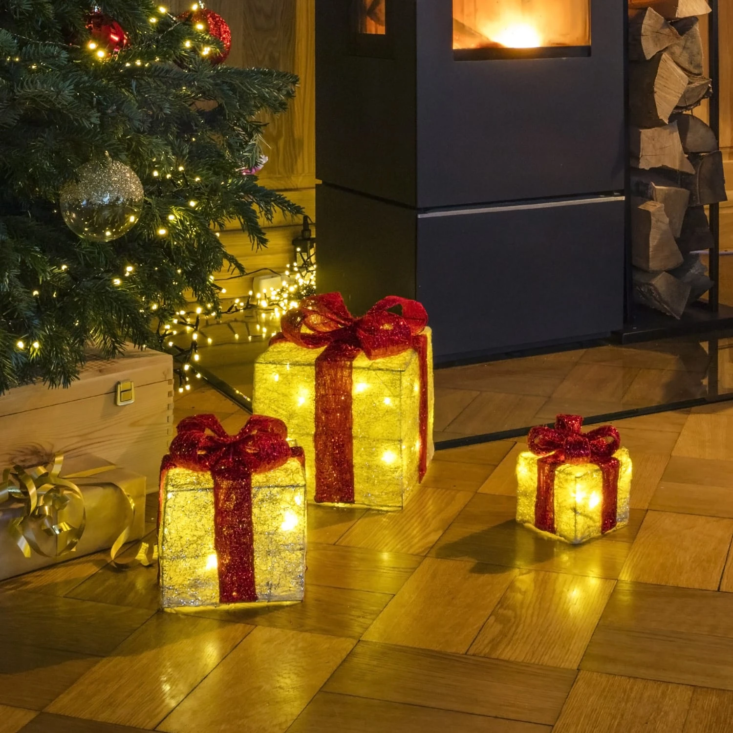 MARELIDA 3er Set LED Geschenkboxen Timer Für Innen Batteriebetrieb In Creme, Rot – Bild 3